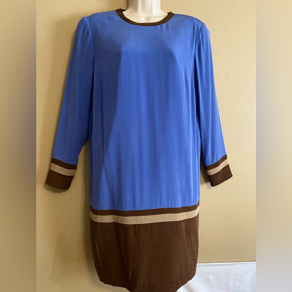Adriana Papell Soft Silk Vintage Long Sleeve Blue Brown Dress Size 10 100% Silk